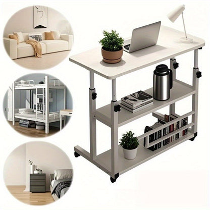 Portable Mobile Desk with Wheels & Adjustable Height Lift Table – Small Computer Study Desk for Bedside Sofa Crafts Home Office in Black or White