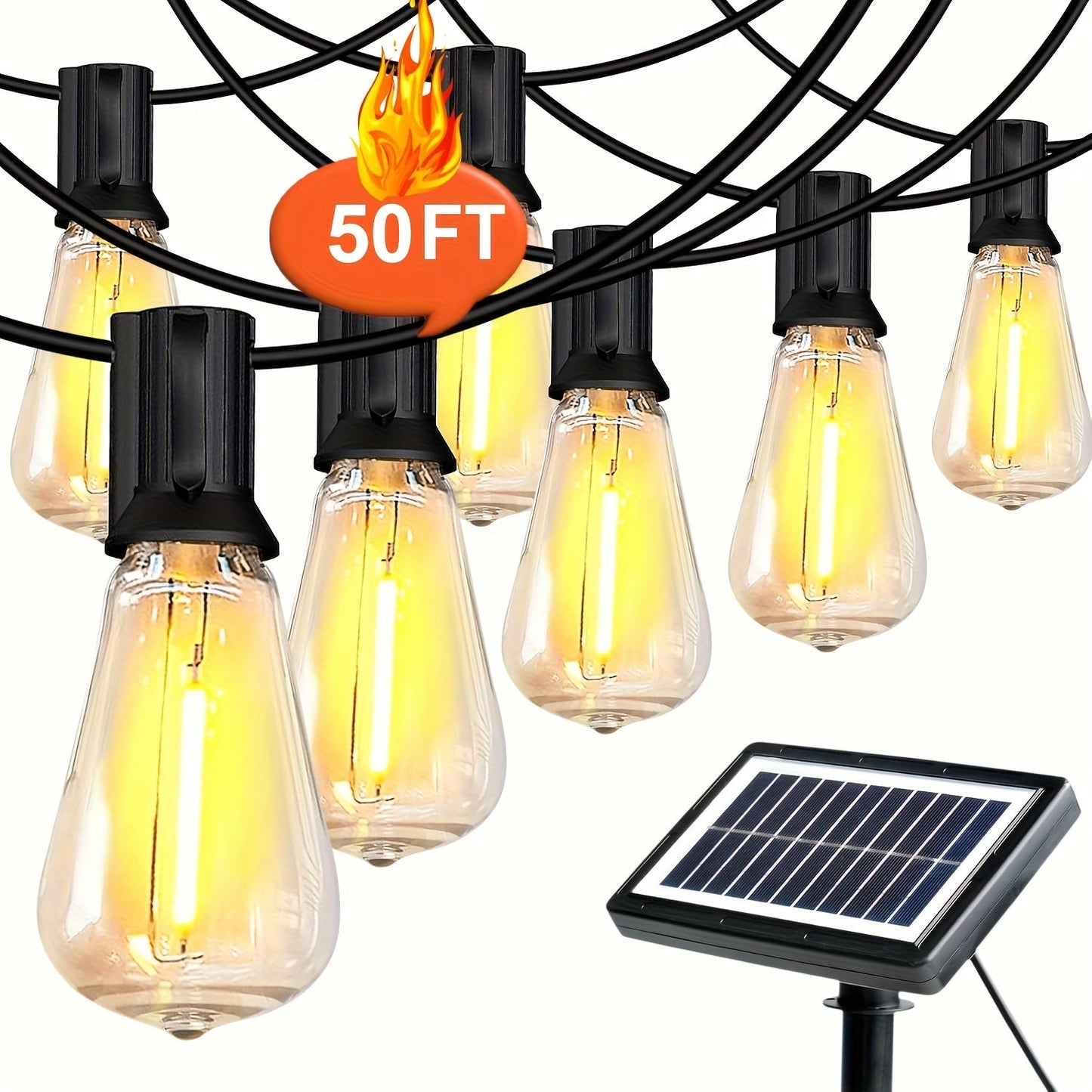 Solar LED String Lights Outdoor Waterproof 50FT & 100FT – ST38 Shatterproof Dimmable Bulbs, USB-C & Solar Powered, 4 Modes, for Patio Yard Pool Garden Wedding Camping Christmas Decor