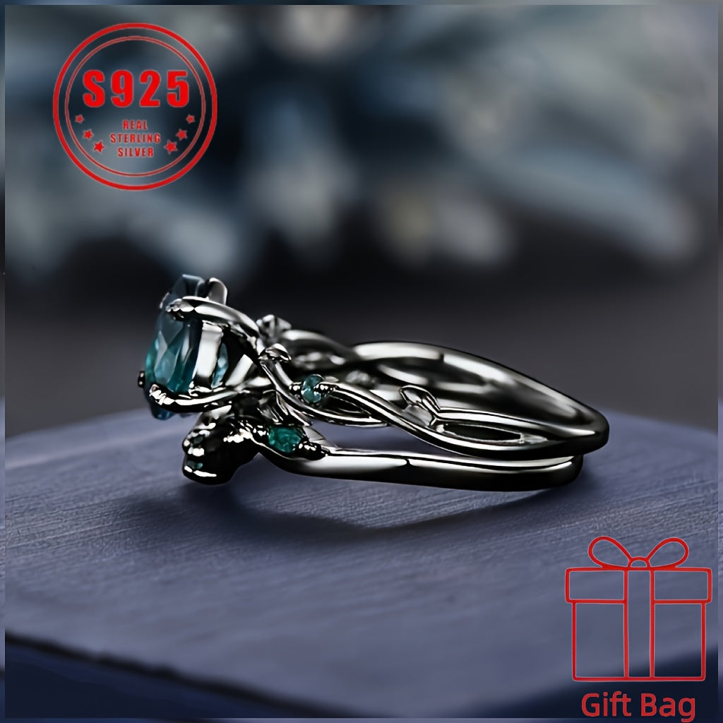 925 Sterling Silver Gothic Black Ring with Synthetic Jadeite Grape Pear Design for Women – Elegant Birthstone Holiday Ring with Gift Bag, Sizes 6-10, Unique Christmas Party Jewelry Gift
