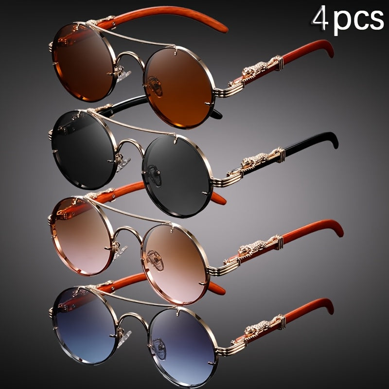 4PCS Punk Rock Round Glasses with Leopard Print Hinges & Tortoiseshell Accents – Retro Metal Frame PC Lenses, Unisex Fashion Eyewear for Parties, Photos & Casual Wear