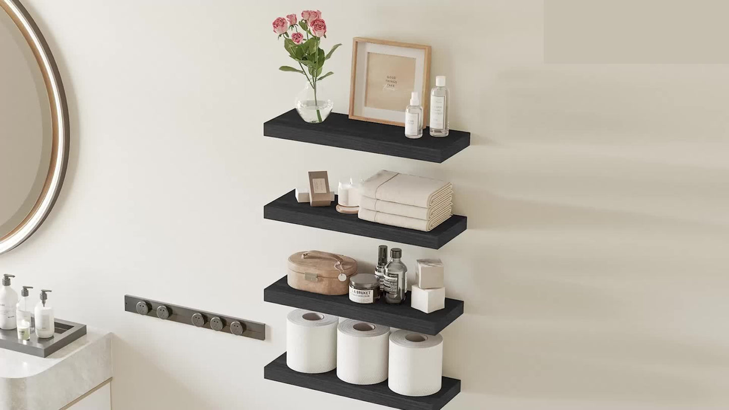 Floating Wall Shelves 15.8 Inch Rustic Finish with Invisible Brackets for Wall Decor Home Storage – 4 or 8 Pack in Rustic Brown Black Walnut