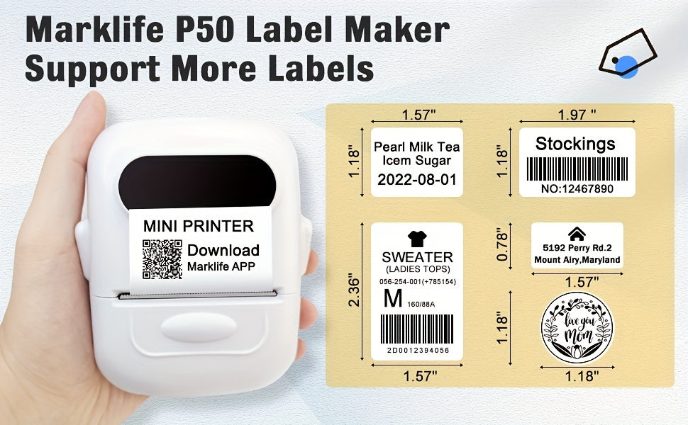 Marklife P50 Portable Bluetooth Thermal Label Printer – Wireless Label Maker for Home, Office, Clothing, Jewelry & Food, Compatible with Android & iOS, Includes 40x30mm White Label Roll