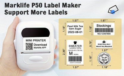 Marklife P50 Portable Bluetooth Thermal Label Printer – Wireless Label Maker for Home, Office, Clothing, Jewelry & Food, Compatible with Android & iOS, Includes 40x30mm White Label Roll