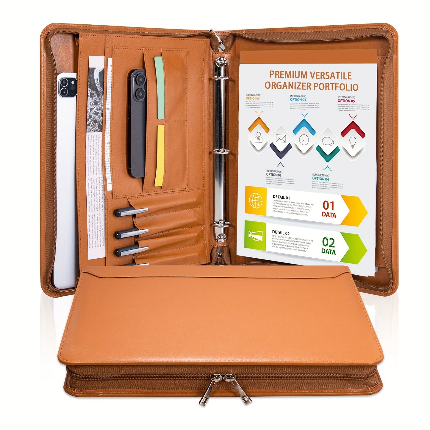 Vegan Leather Portfolio Binder 3-Ring Zipper A4 Legal Laptop Pocket Work Organizer for Women Men