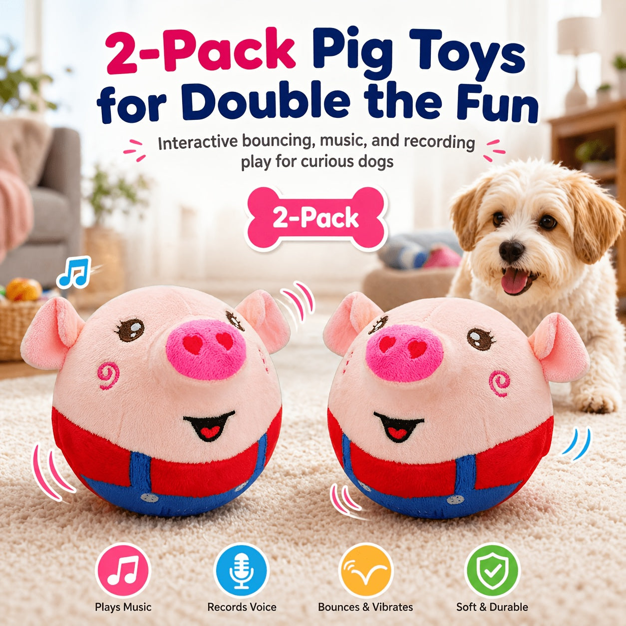 USB Rechargeable Bouncing Dog Toy – Motion Sensor Electronic Ball with Pig Sound & Voice Recording, Washable Interactive Fetch Toy for Small Dogs & Puppies