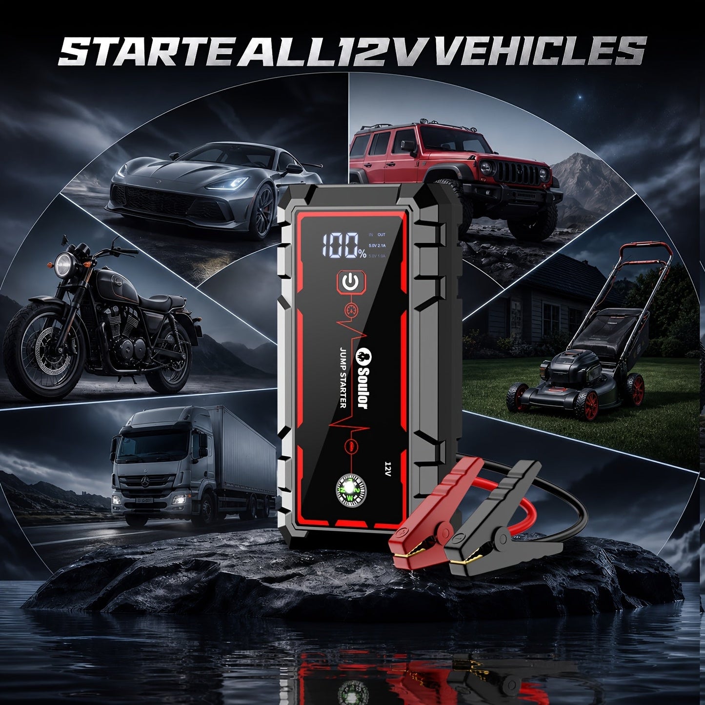Portable Car Jump Starter 3000A-6000A – 12V Lithium Battery Booster Pack, Dual USB QC 3.0 Fast Charging Power Bank, LED Light & Compass, Fits All Gas Engines