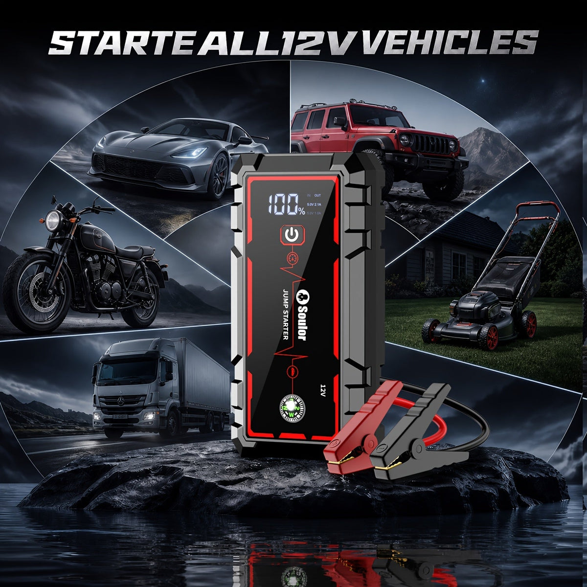 Portable Car Jump Starter 3000A-6000A – 12V Lithium Battery Booster Pack, Dual USB QC 3.0 Fast Charging Power Bank, LED Light & Compass, Fits All Gas Engines