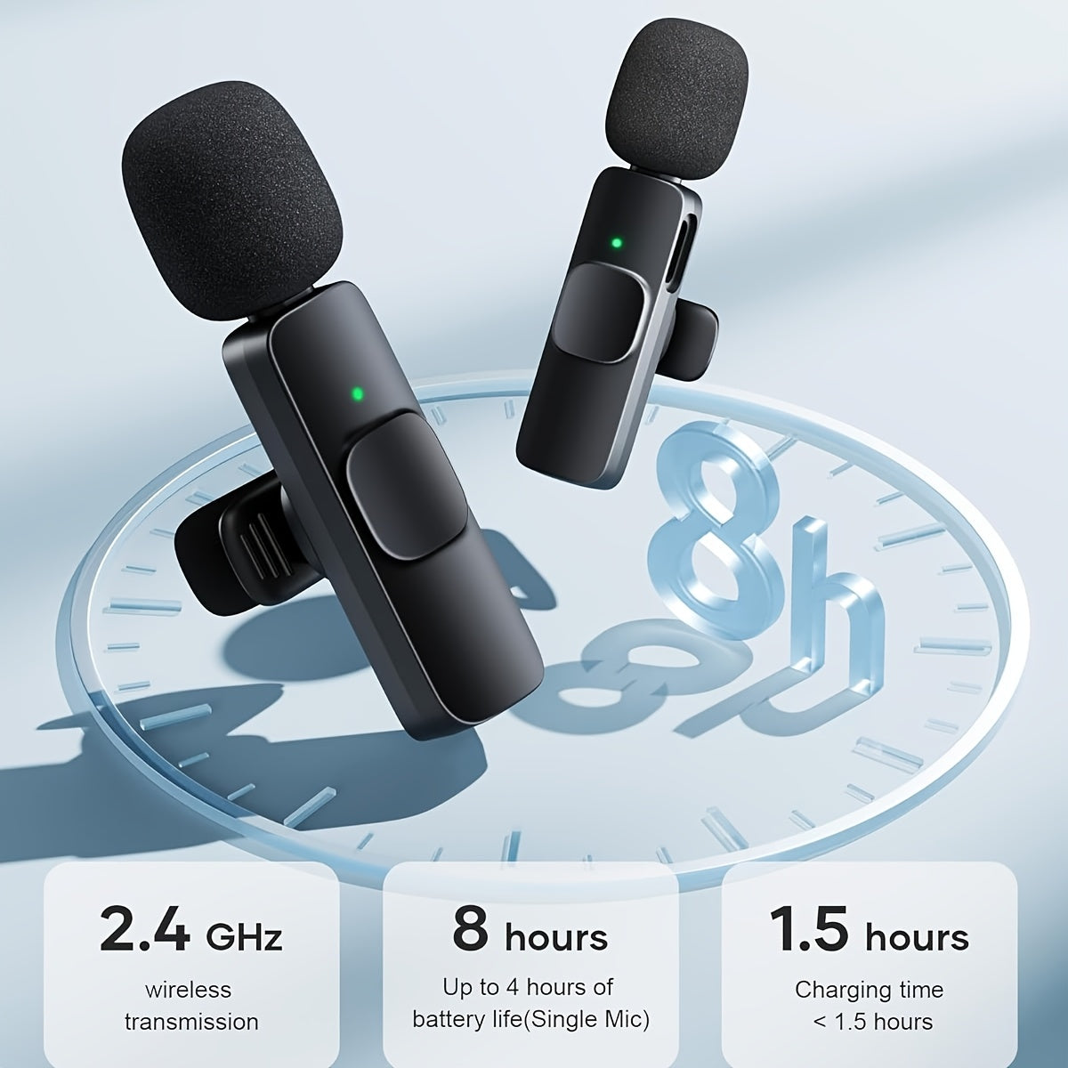 Wireless Lavalier Microphone 2-Pack Set with Receiver & Adapter – Clip-On Lapel Mic for iPhone, Type-C & Android, Noise Cancelling for Vlogging, Interviews, Teaching & Video Recording