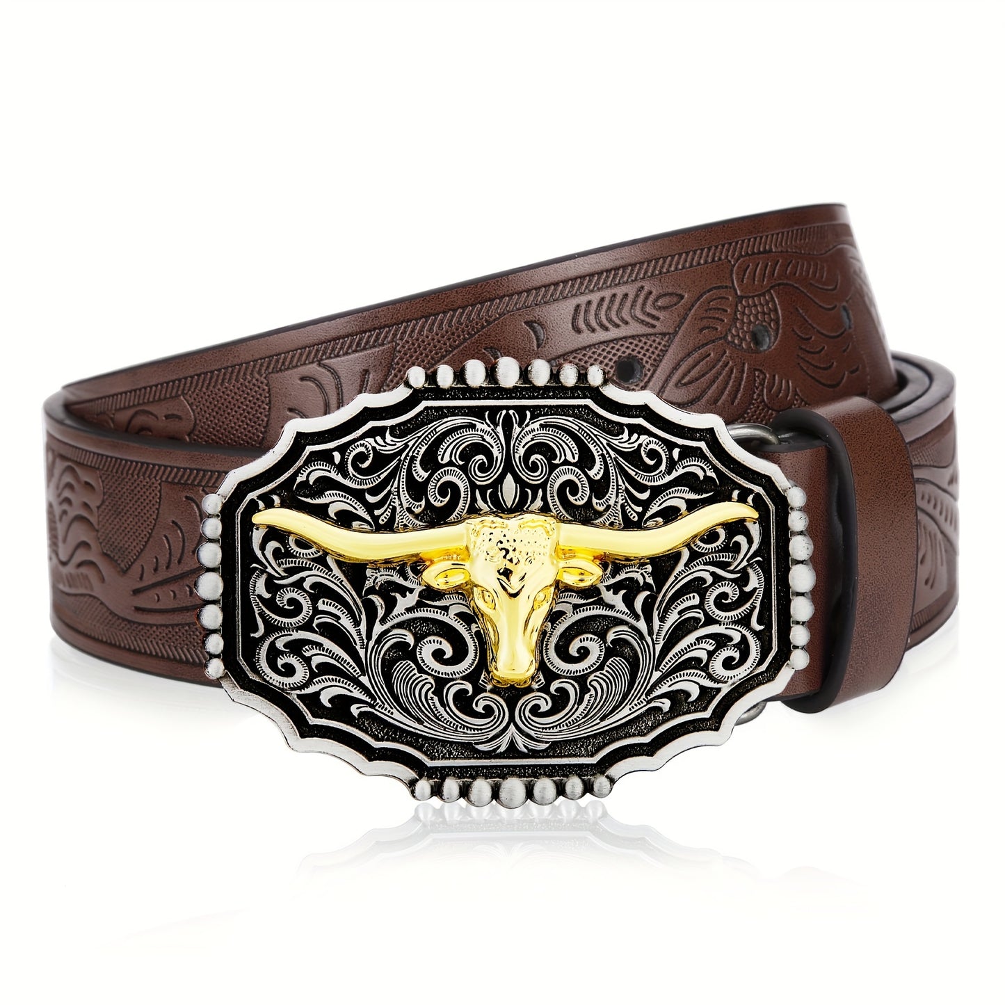 Western Cowboy Belt for Men & Women Embossed Floral Faux Leather – Longhorn Bull Pattern Big Buckle Zinc Alloy, Sizes 34-44, Stylish Durable Country Western Dress Belt Gift for Christmas Father's Day