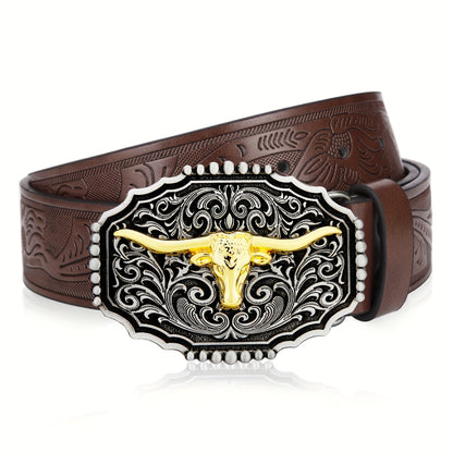 Western Cowboy Belt for Men & Women Embossed Floral Faux Leather – Longhorn Bull Pattern Big Buckle Zinc Alloy, Sizes 34-44, Stylish Durable Country Western Dress Belt Gift for Christmas Father's Day