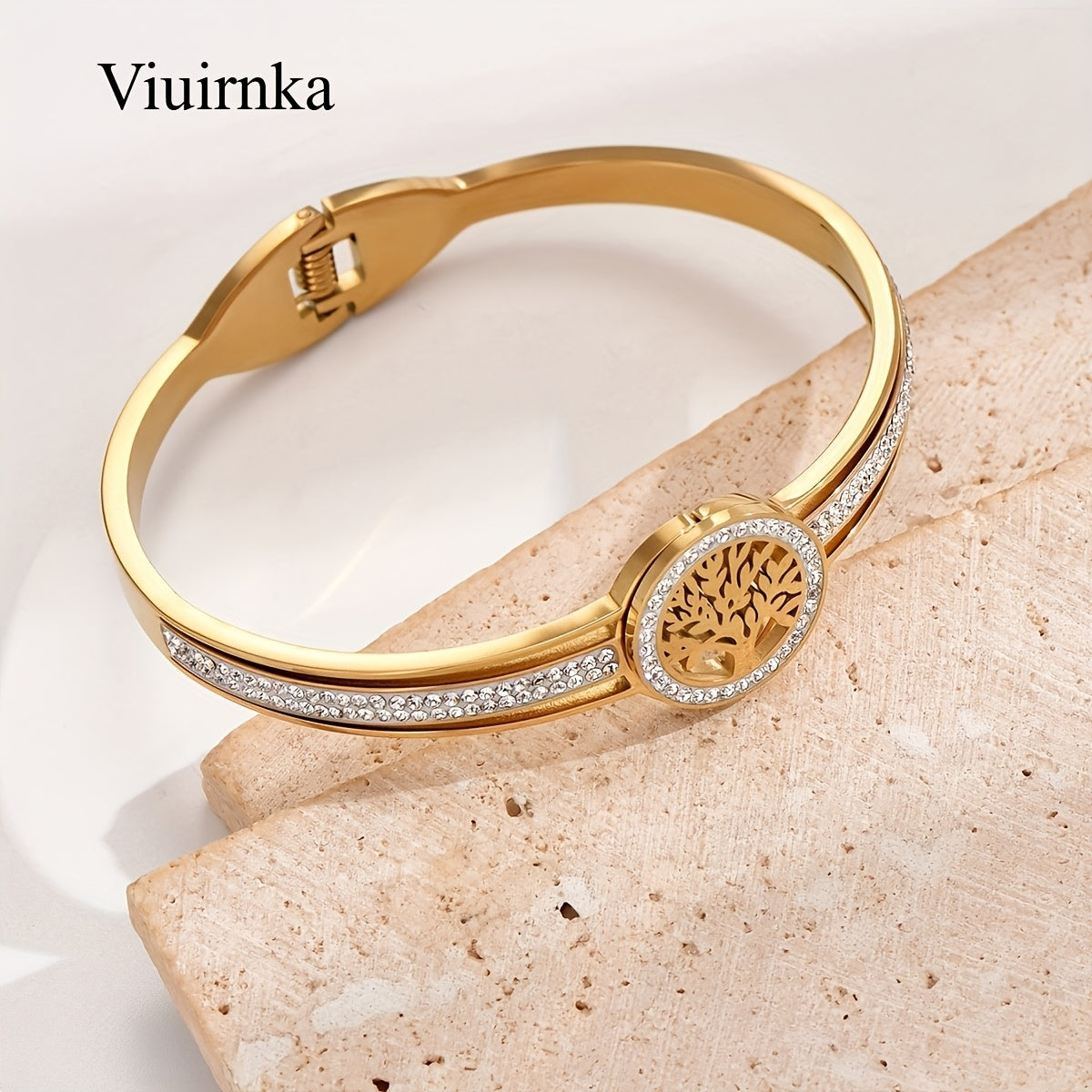 Tree of Life Charm Bangle Bracelet for Women – Stainless Steel Hypoallergenic Cuff, Symbolic Gift for Her, Comes with Gift Box, Steel & Gold Tone