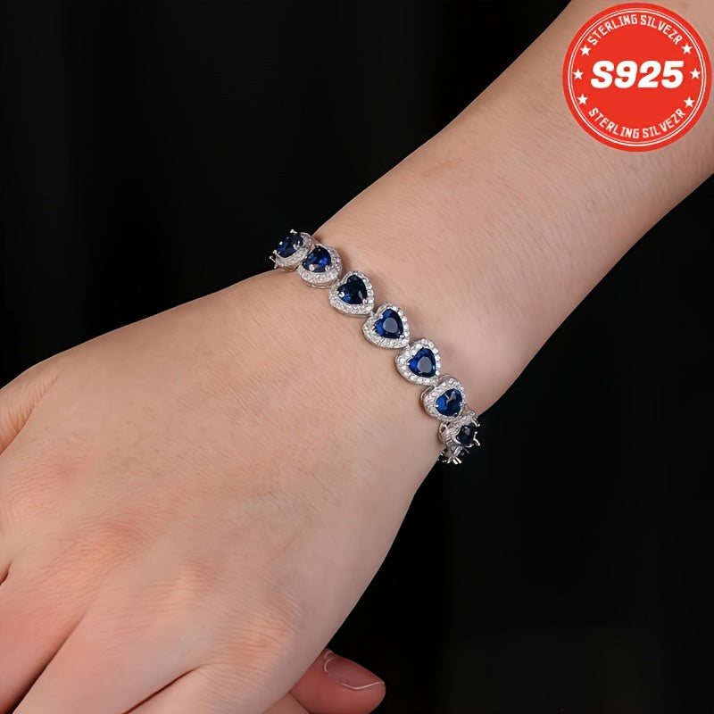 S925 Sterling Silver Blue Heart-Shaped Full Moissanite Bracelet for Women – Elegant Luxury Style, Perfect Gift for Sisters, Mothers, Anniversary, Valentine's Day & Christmas