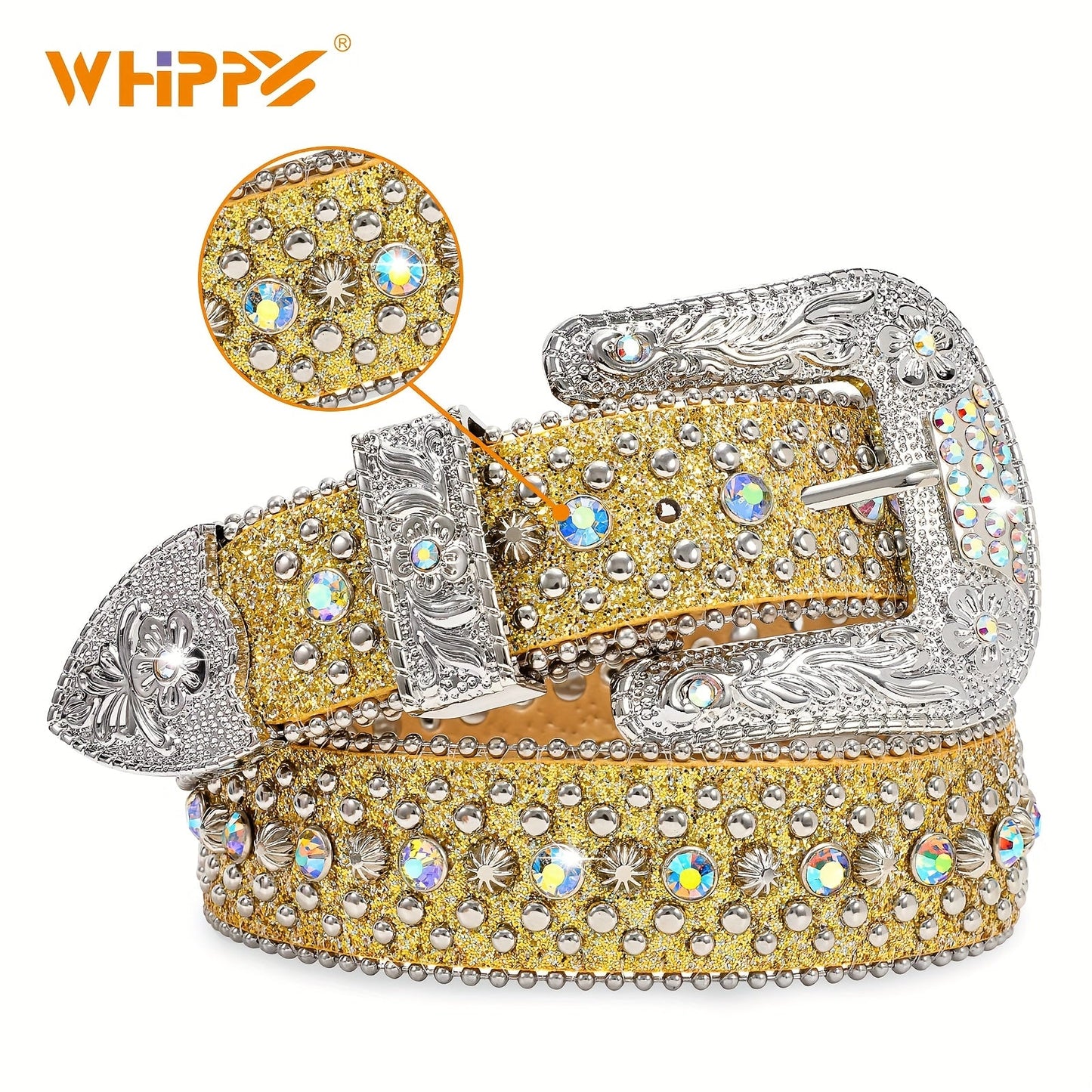 Rhinestone Belt Unisex Western Cowgirl Bling Belt – Sparkling Faux Leather Adjustable Waist Belt with Alloy Buckle for Women Men Sizes S-XL Party Festival Halloween Christmas Gift