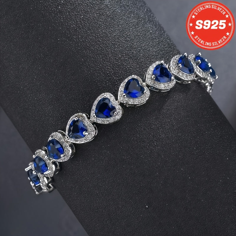 S925 Sterling Silver Blue Heart-Shaped Full Moissanite Bracelet for Women – Elegant Luxury Style, Perfect Gift for Sisters, Mothers, Anniversary, Valentine's Day & Christmas