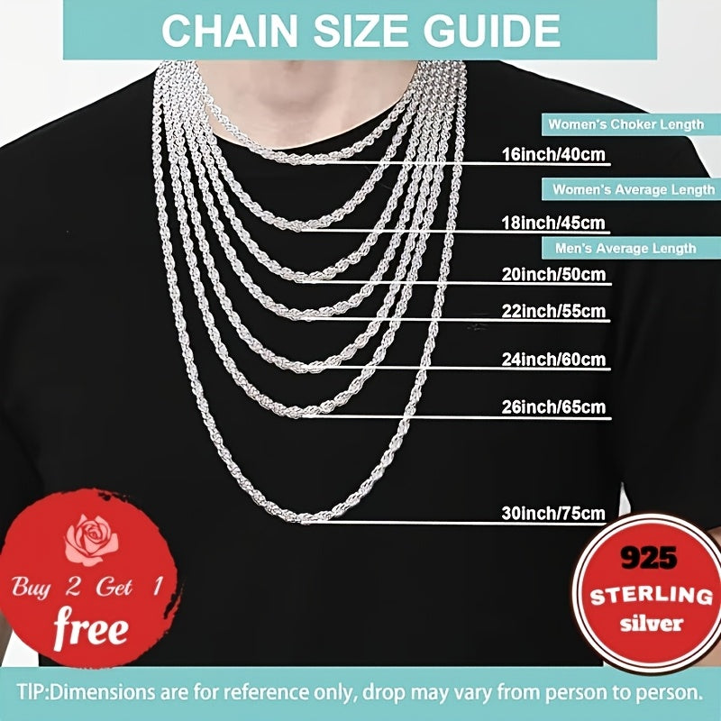 925 Sterling Silver 3mm Twist Woven Necklace – Italian Handmade, 18-24 Inch, Elegant Chain for Women & Men, Gift Box Included, Perfect for Birthday, Valentine’s Day & Holiday Gifts