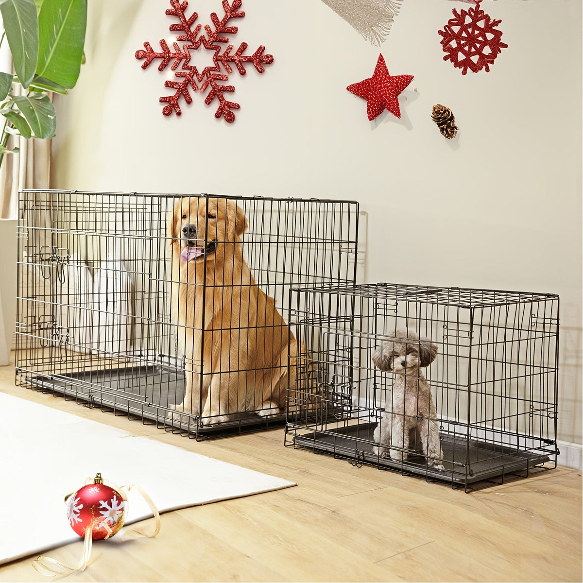 Folding Metal Wire Dog Crate Double Door with Divider Panel Leak-Proof Pan Tray Pet Kennel Indoor Outdoor Travel Small Medium Large XL Dogs 4 Sizes