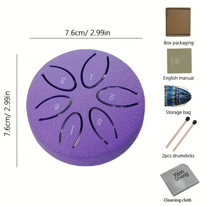 Mini Steel Tongue Drum 3 Inch 6-Tone – Beginner Handheld Carbon Steel Percussion Instrument, Includes Drumsticks, Sheet Music & Learning Guide, Perfect for Meditation, Gifts, Weddings & Holidays – Multiple Colors