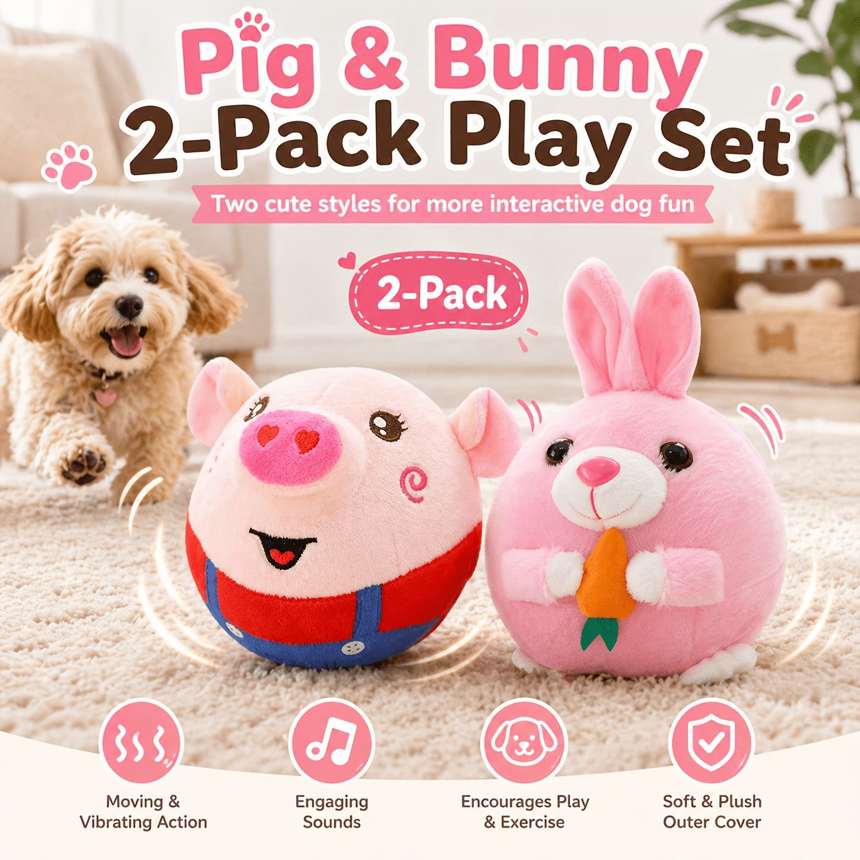 USB Rechargeable Bouncing Dog Toy – Motion Sensor Electronic Ball with Pig Sound & Voice Recording, Washable Interactive Fetch Toy for Small Dogs & Puppies