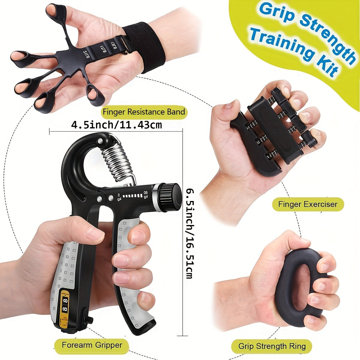 6-Piece Grip Strength Trainer Set – Adjustable Hand Gripper 10-130lbs with Auto Counter, Finger Exerciser, Forearm Workout Rings & Finger Stretcher, Hand Strengthener for Men Women All Hand Sizes