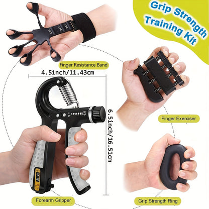 6-Piece Grip Strength Trainer Set – Adjustable Hand Gripper 10-130lbs with Auto Counter, Finger Exerciser, Forearm Workout Rings & Finger Stretcher, Hand Strengthener for Men Women All Hand Sizes