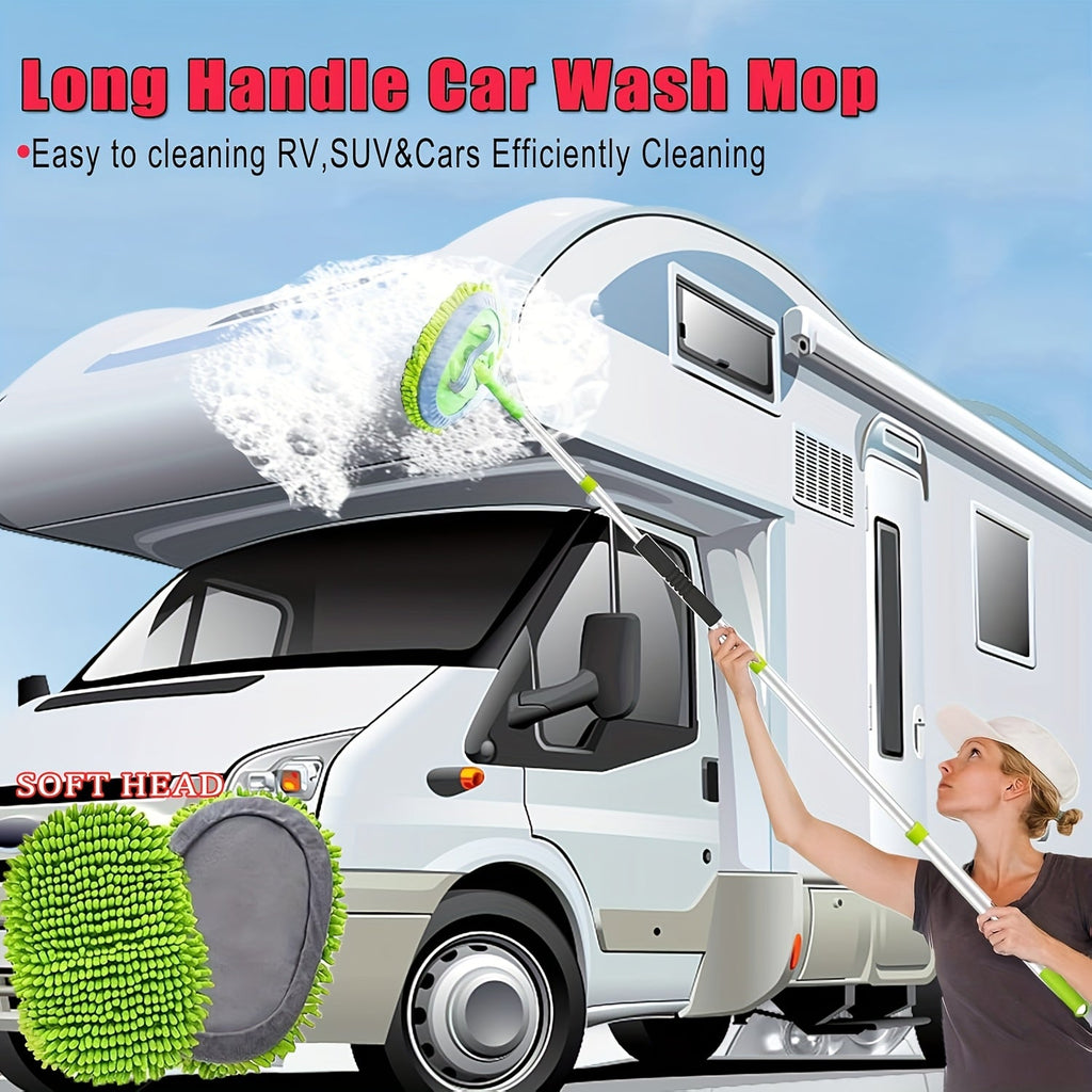 69 Inch Car Wash Brush with Long Handle 8-Piece Car Wash Kit – Tire Brush Window Squeegee Chenille Microfiber Mitt Detailing Brushes for Car Truck SUV RV – Extendable Car Cleaning Supplies
