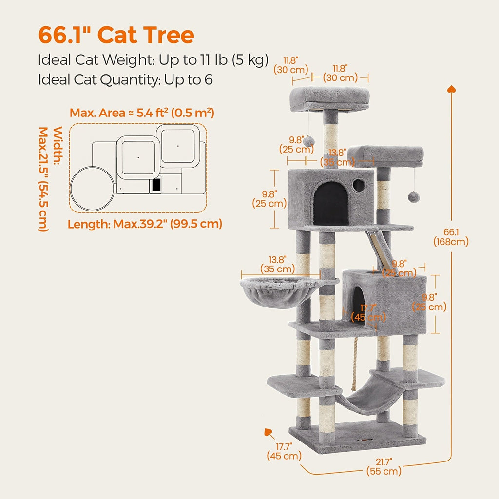 Multi-Level Cat Tree Tower 44-66 Inch with Hammock Sisal Scratching Posts Cozy Cave Perches Anti-Tilt Stable Cat Condo for Multi-Cat Families Kittens & Cats Gift