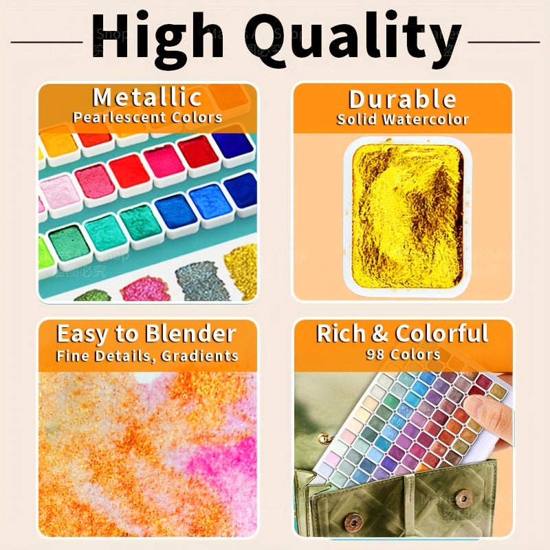 98-Color Metallic Shimmer Watercolor Paint Set Premium Pearl Pigments with Portable Case High Lightfastness for Canvas Illustration Scrapbooking Decoration Art Supplies for Artists Hobbyists