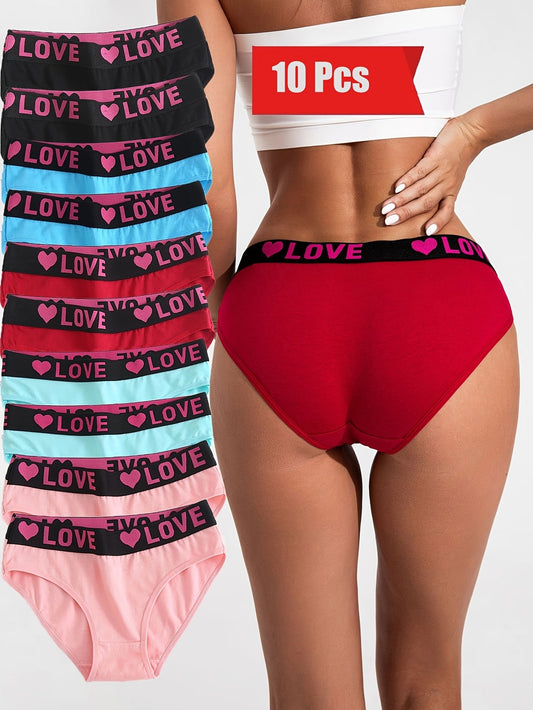 10-Pack Women's Cotton Panties Heart Print Breathable Soft Briefs Wide Waistband S-5XL Plus Size Ladies Underwear
