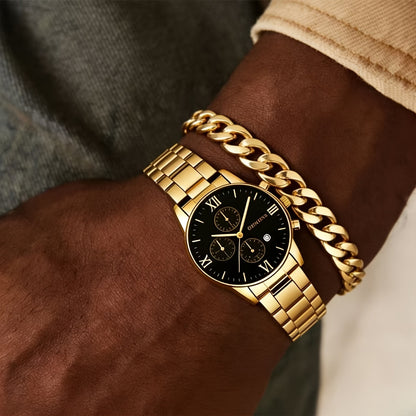 Men's Luxury Mechanical Watch & Jewelry Gift Set 4pcs – Vintage Electroplated Alloy Bracelet, Necklace & Ring, Elegant Business Casual Accessory Set for Christmas, Valentine's Day & Holiday Gifts