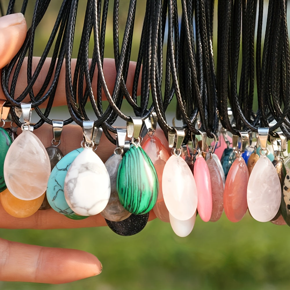 40pcs Natural Crystal Teardrop Pendant Necklace Set – Multi-Color Stone Pendants with Faux Leather Cord, Boho Elegant Jewelry Bulk Pack for Holiday Party DIY Crafts Gift