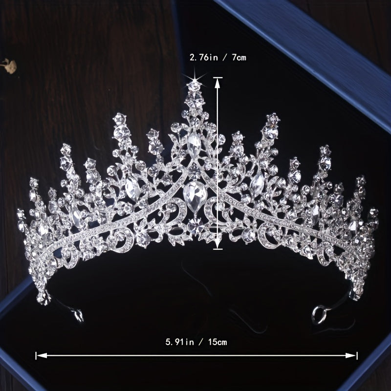 Bridal Jewelry Set 3 Pieces Silver Plated Crown Necklace & Earrings for Bride – Wedding Tiara Jewelry Set for Bridesmaid Prom Queen Birthday Banquet, June Birthstone Gift for Women