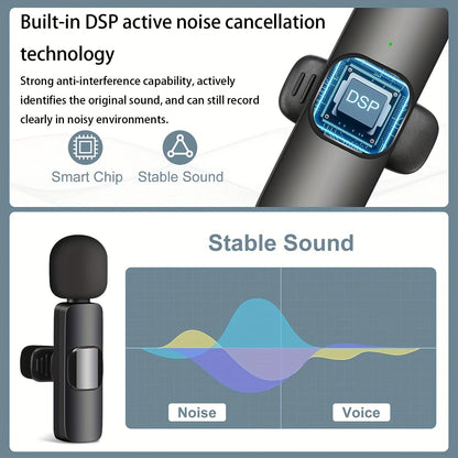 Wireless Lavalier Microphone 2-Pack Set with Receiver & Adapter – Clip-On Lapel Mic for iPhone, Type-C & Android, Noise Cancelling for Vlogging, Interviews, Teaching & Video Recording