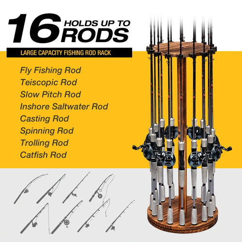 Circular Wooden Fishing Rod Rack Holds 16 Rods Space-Saving Fishing Pole Organizer for Garage Shed Man Cave – 360° Rotating & Fixed Options, Sturdy Wood Construction, Fisherman Gift