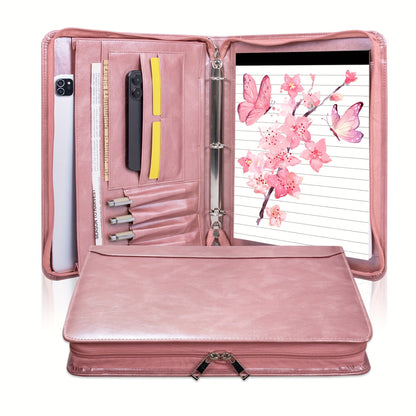 Vegan Leather Portfolio Binder 3-Ring Zipper A4 Legal Laptop Pocket Work Organizer for Women Men