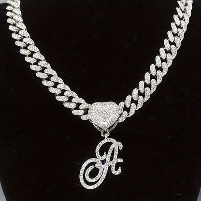 Initial Letter Necklace for Men & Women – Personalized A-Z Silver Cuban Chain with Heart Pendant, Hip Hop Style, 45cm / 17.71in, Perfect Gift for Sports Fans, Birthdays & Everyday Wear