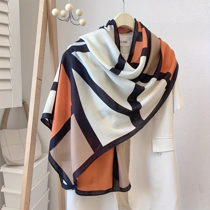 Women's Color Block Viscose Scarf & Shawl – Soft Breathable Geometric Print Windproof Sun Protection Wrap for Casual Outings Travel, Lightweight Hand-Wash Easy Care, Beige Khaki Orange