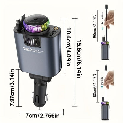 3-in-1 Car Charger Air Freshener & Starry Sky Ceiling Light – Dual Retractable Type-C & Lightning Cable 80cm, Aromatherapy Diffuser for iPhone 16/15 Samsung S25/S24, Car Interior Upgrade Gift