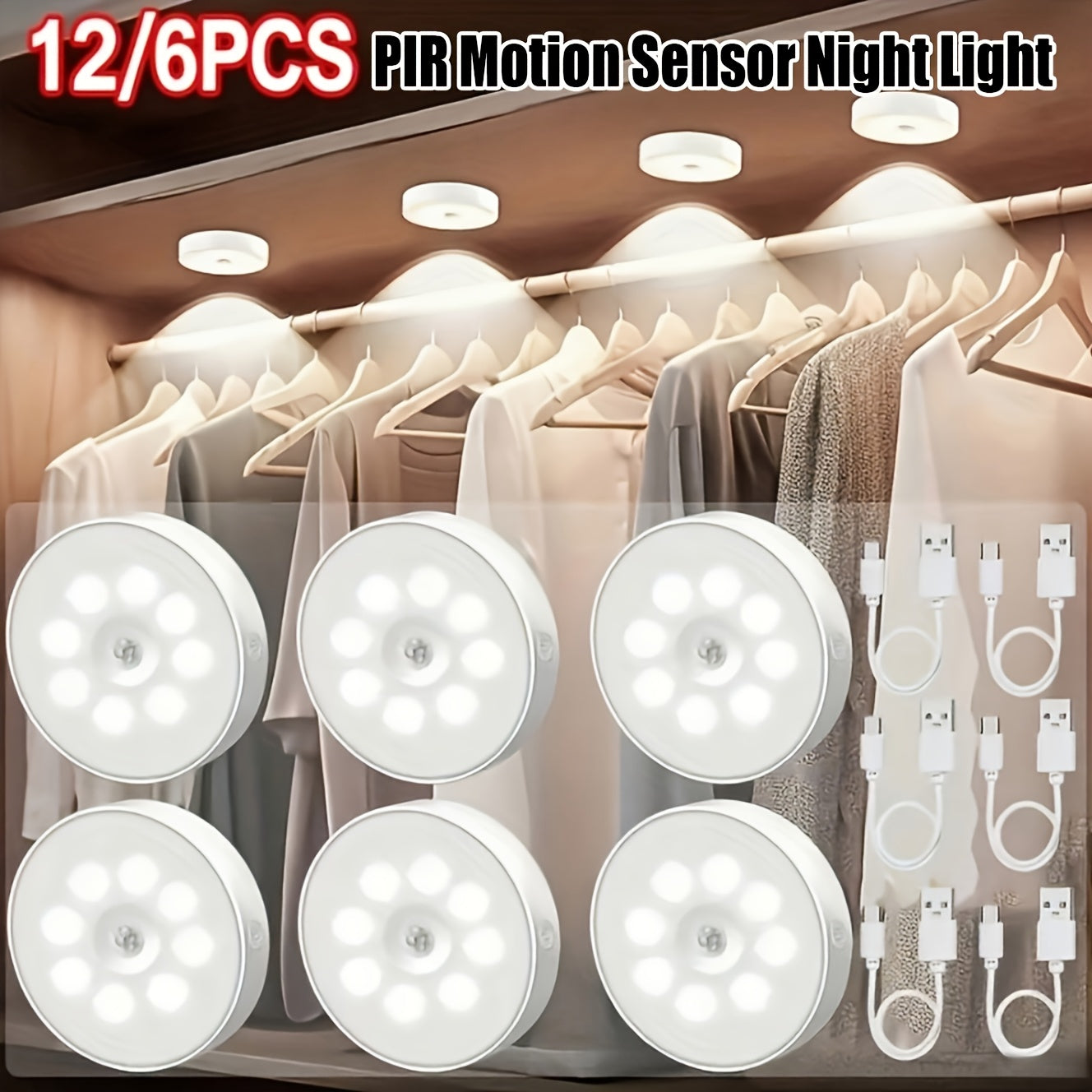 LED Motion Sensor Night Lights USB Rechargeable Wireless Wall Lamp Dual Mode Adjustable Brightness Magnetic Mount Under Cabinet Lighting for Kitchen Hallway Stairs Closet 6 or 12 Pack