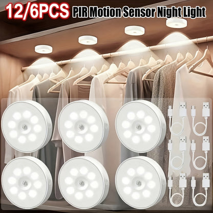 LED Motion Sensor Night Lights USB Rechargeable Wireless Wall Lamp Dual Mode Adjustable Brightness Magnetic Mount Under Cabinet Lighting for Kitchen Hallway Stairs Closet 6 or 12 Pack