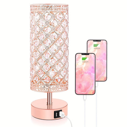 Crystal Touch Table Lamp 3-Way Dimmable with 2 USB Charging Ports LED Bulb Included Decorative Bedside Nightstand Light for Bedroom Living Room Office – Antique Bronze Rose Gold Silver