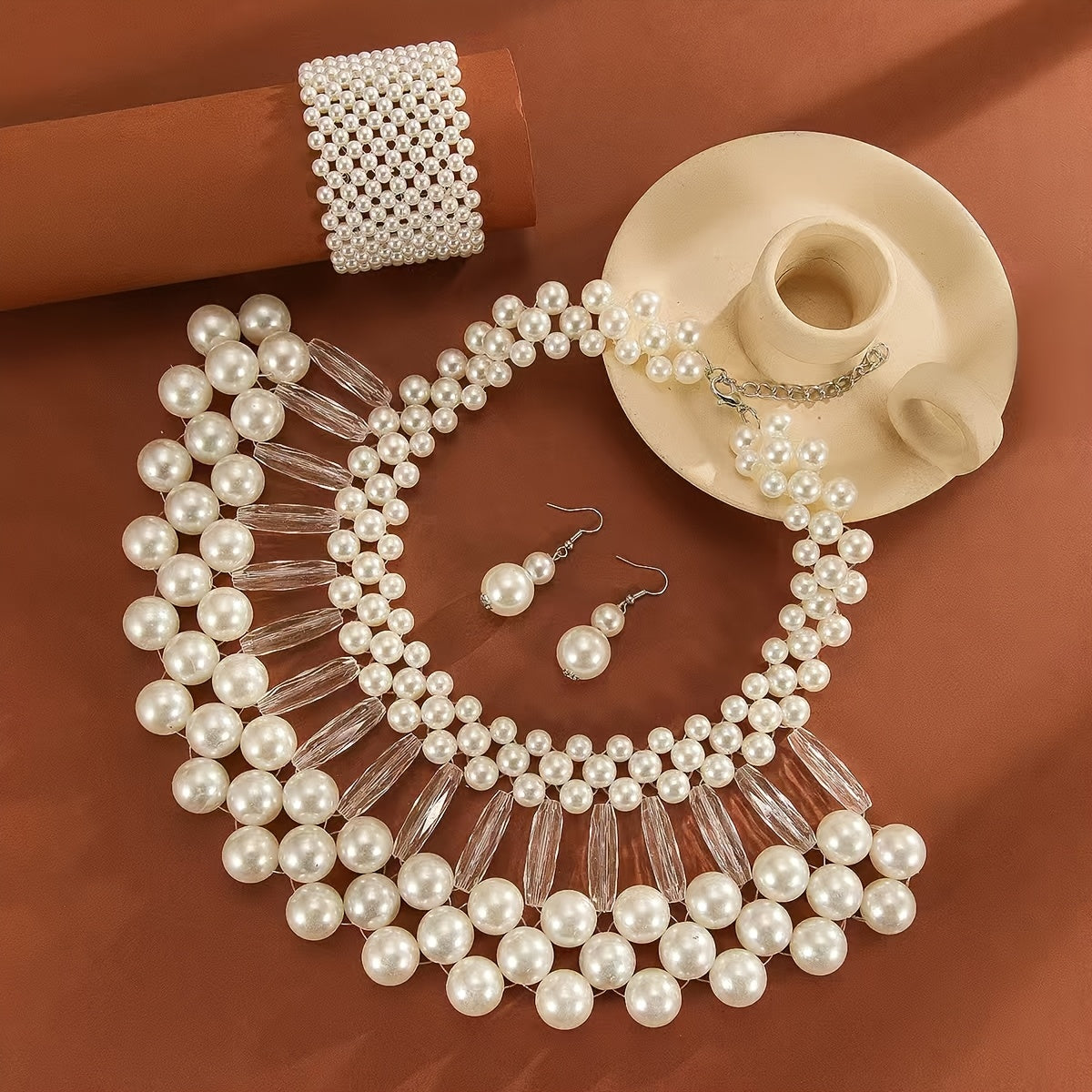 Bohemian Faux Pearl Tassel Necklace and Earrings Set Multi-Layered Handmade Bridal Jewelry Beaded Elegant Wedding Accessories Gift for Her