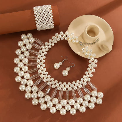 Bohemian Faux Pearl Tassel Necklace and Earrings Set Multi-Layered Handmade Bridal Jewelry Beaded Elegant Wedding Accessories Gift for Her