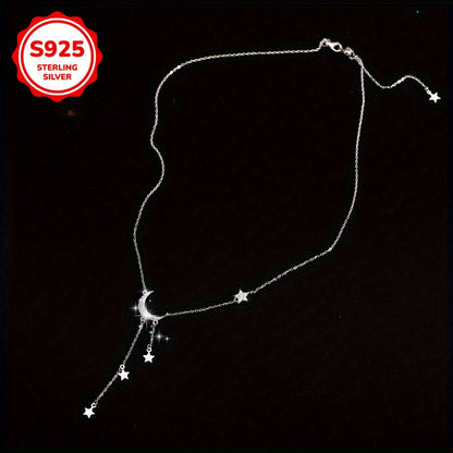 S925 Sterling Silver Boho Moon & Star Tassel Pendant Necklace for Women – Celestial Hypoallergenic Jewelry, Cute Dainty Necklace for Daily Wear, Mother's Day, Birthday & Gift