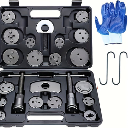26-Piece Brake Caliper Wind Back Tool Kit with 18 Disc Adapters Thrust Bolt Assemblies Retaining Plates & Caliper Hangers – Universal Brake Caliper Compression Tool Set for Cars Trucks SUVs