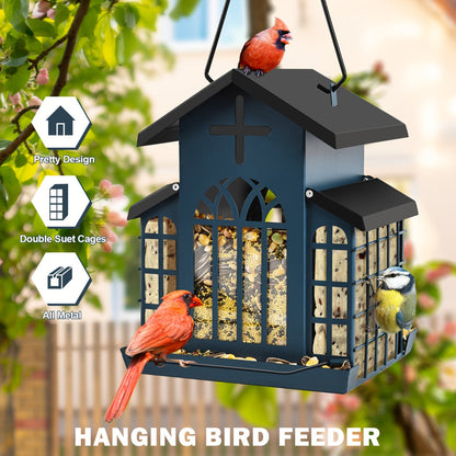 Vintage Metal Wild Bird Feeder for Outside – Triple Feeders for Finch, Cardinal & Chickadee, Large Capacity Metal Mesh Design with Easy-Hang Chains & Window Cut-Outs, 7 Style Options