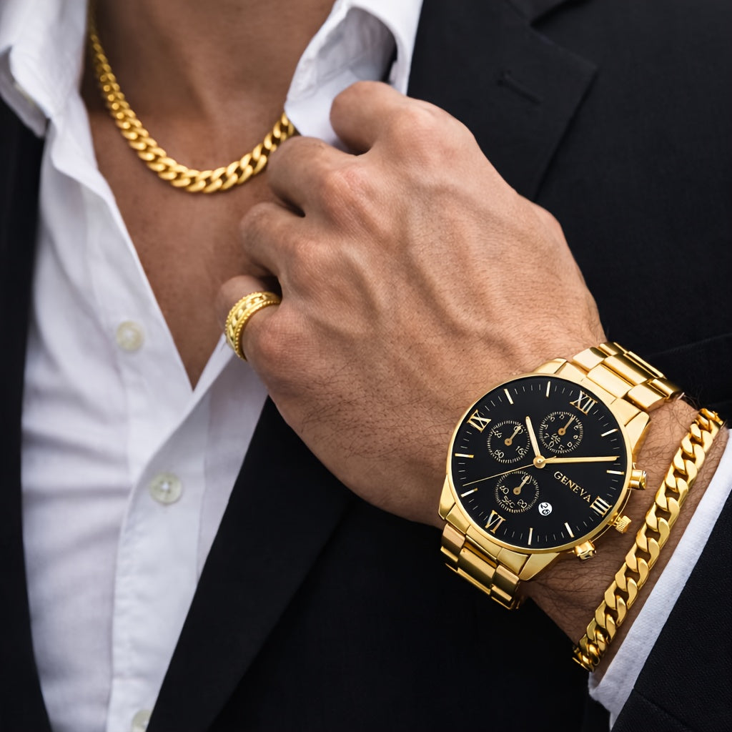 Men's Luxury Mechanical Watch & Jewelry Gift Set 4pcs – Vintage Electroplated Alloy Bracelet, Necklace & Ring, Elegant Business Casual Accessory Set for Christmas, Valentine's Day & Holiday Gifts