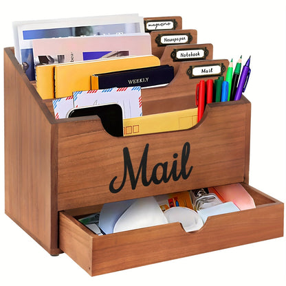 Large Solid Wood Desktop Mail Organizer with Drawer and 4 Compartments Labelable Dividers for Files Letters Paper Folders Desk Organizer for Home Office Students and Professionals