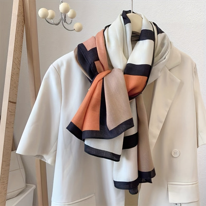 Women's Color Block Viscose Scarf & Shawl – Soft Breathable Geometric Print Windproof Sun Protection Wrap for Casual Outings Travel, Lightweight Hand-Wash Easy Care, Beige Khaki Orange