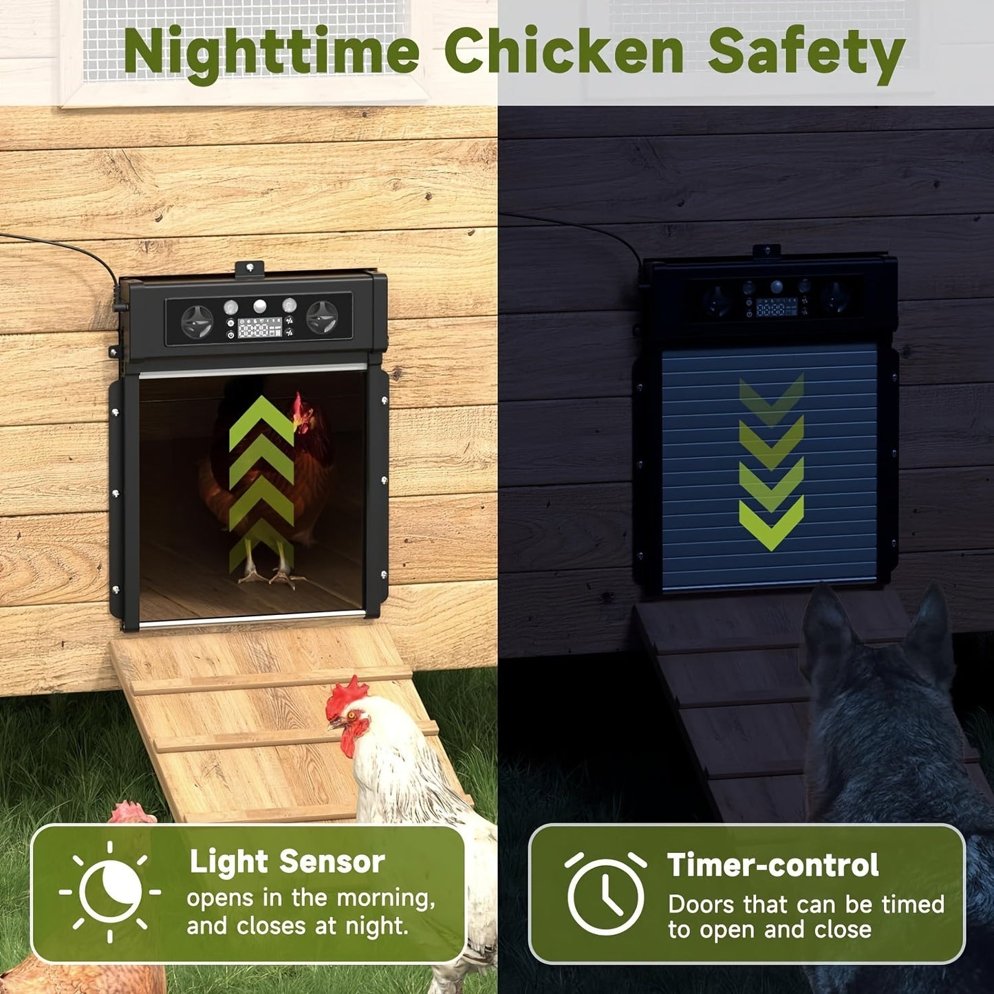 Automatic Chicken Coop Door Solar Powered with Timer & Light Sensor – Aluminum Alloy Anti-Pinch Design with 4000mAh Battery Solar Panel & Remote Control for Poultry Management
