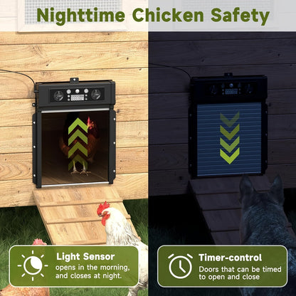 Automatic Chicken Coop Door Solar Powered with Timer & Light Sensor – Aluminum Alloy Anti-Pinch Design with 4000mAh Battery Solar Panel & Remote Control for Poultry Management